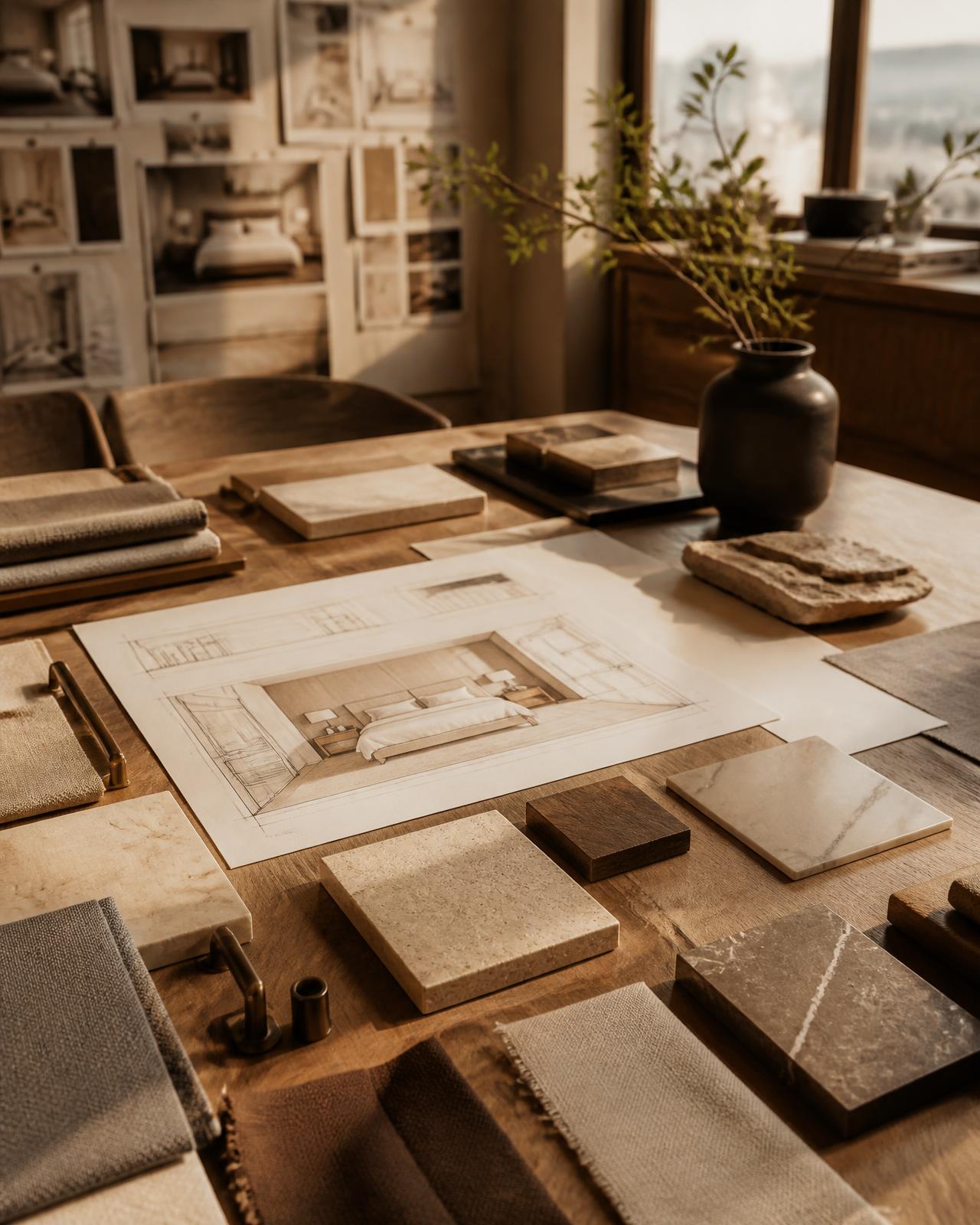 Fabric, stone, and wood finish samples laid out beside a guestroom FF&E specification drawing