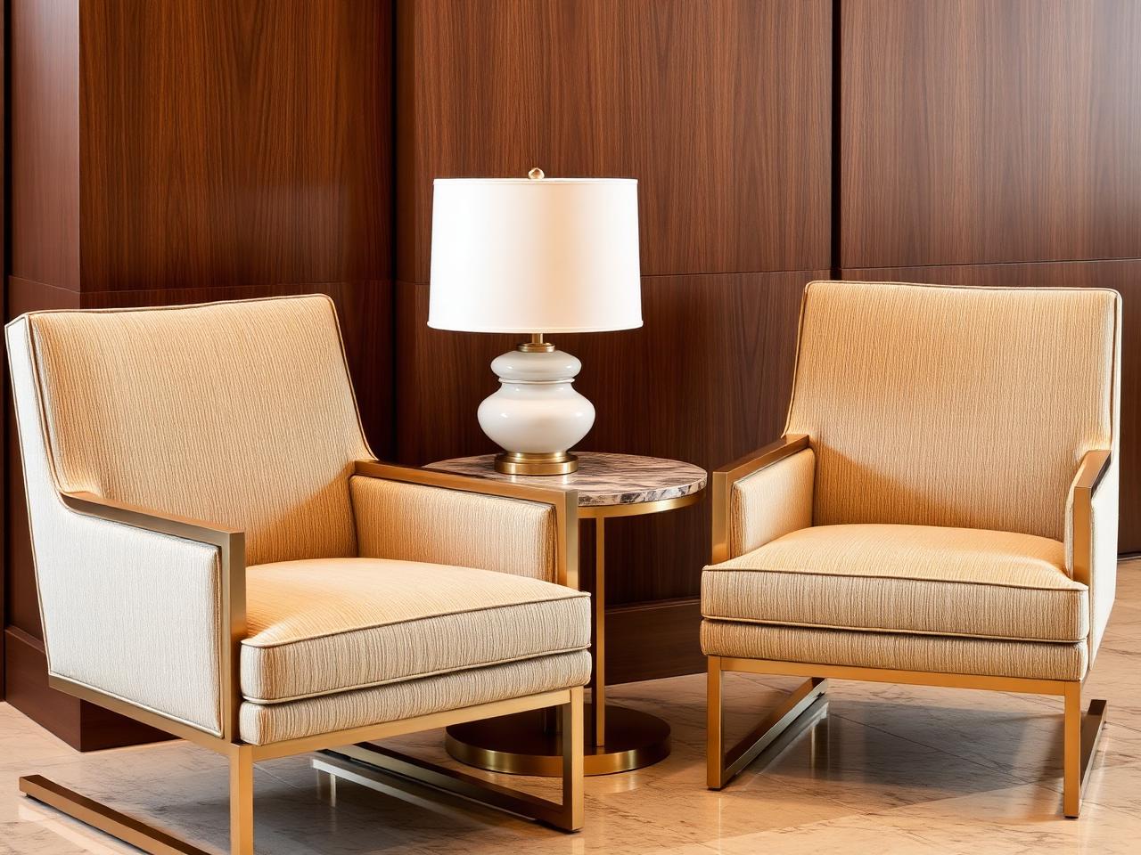 Bronze-framed lounge chairs and marble side table in a hotel lobby vignette